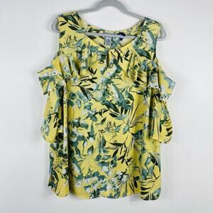 Catherines Plus Size 0X Petite Floral Print Cold Shoulder Blouse Top Yellow